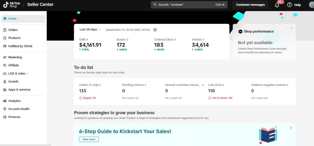 TikTok Shop Seller Center dashboard for the last 28 days.