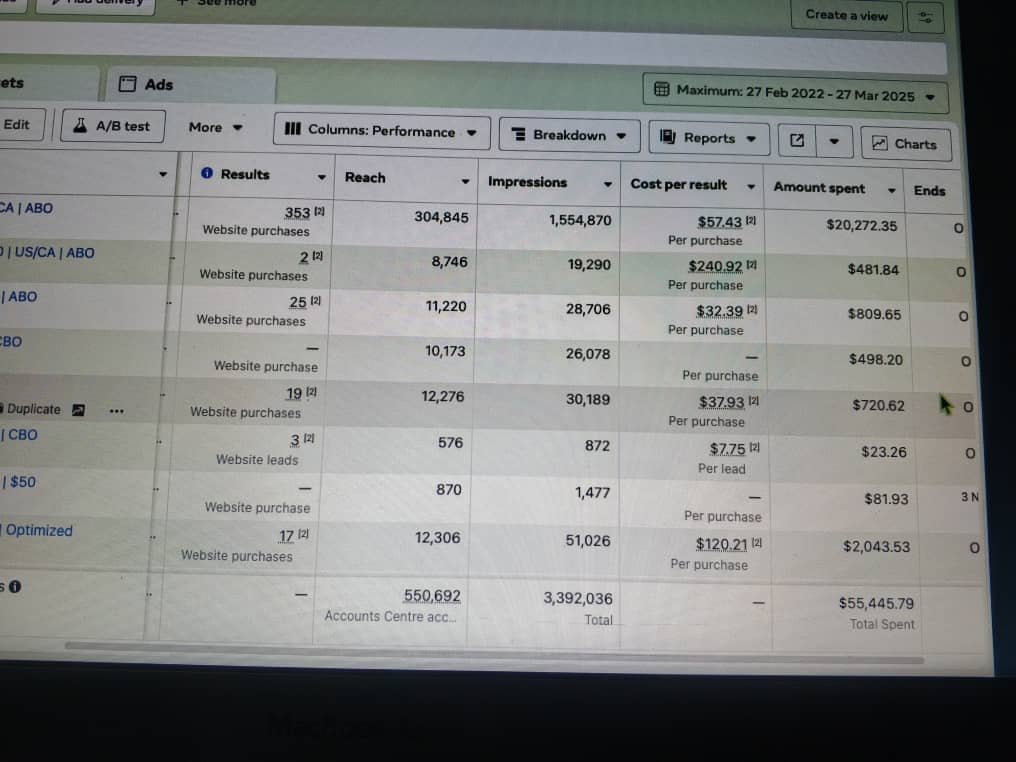 Meta Ads Manager table showing website purchases and cost per purchase.