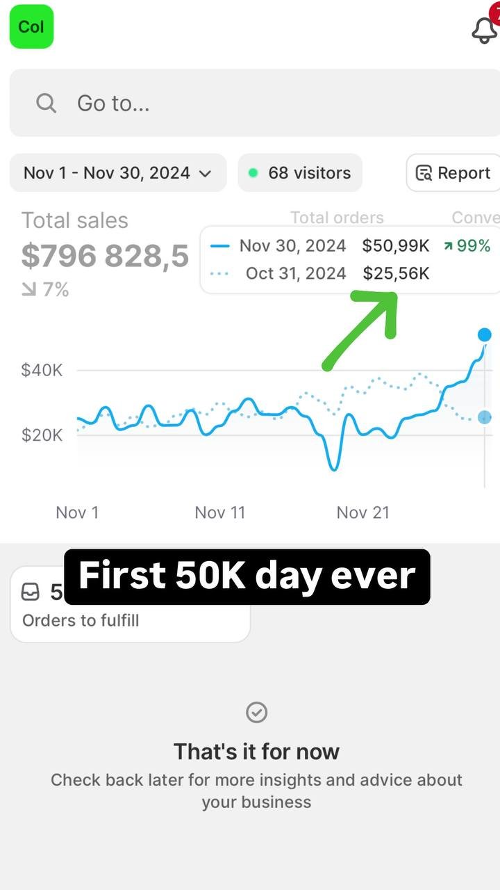 Shopify analytics for November 2024 marking a first 50K day.